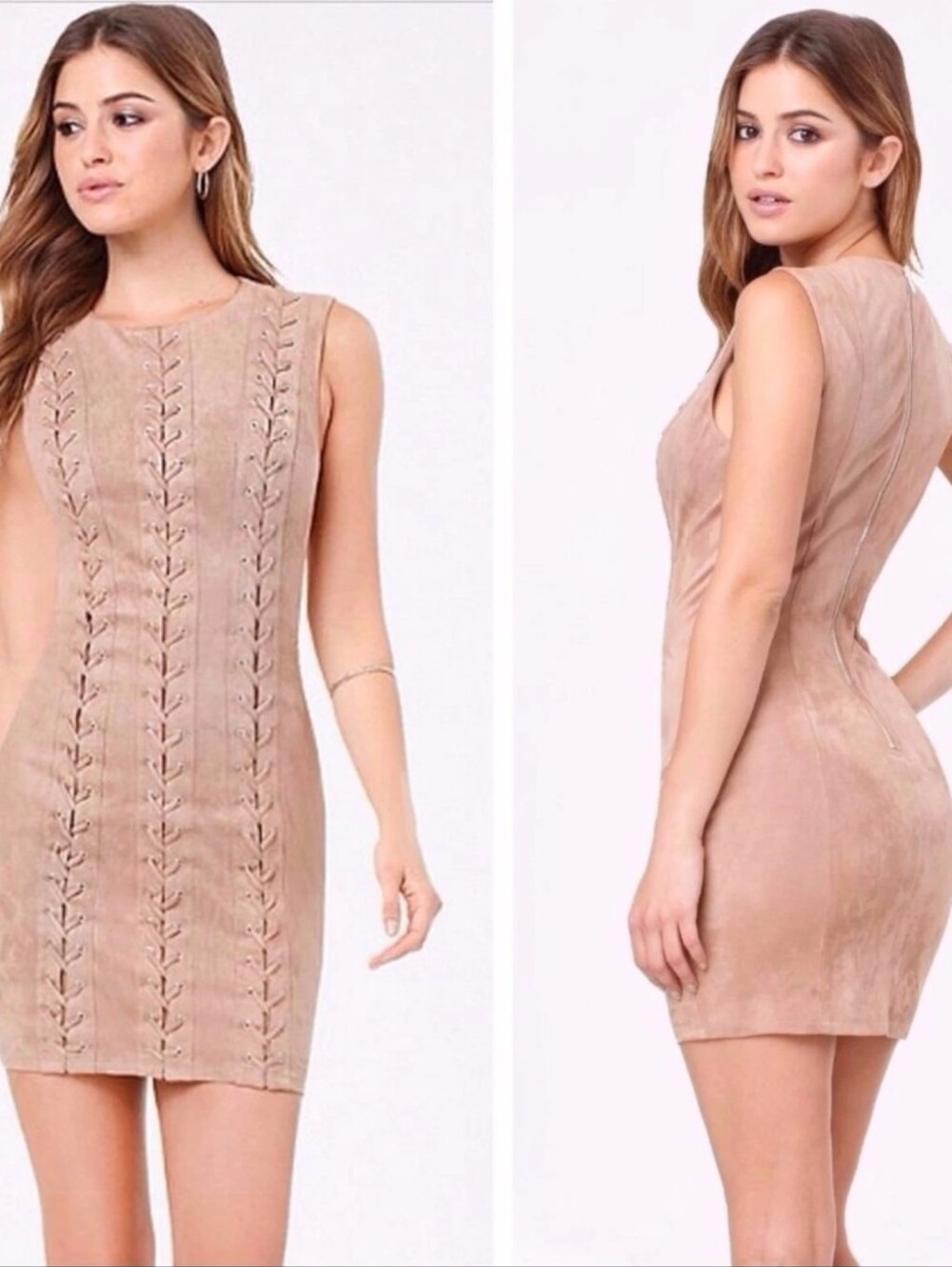 bebe Tan Lace-Up Suede Sheath Dress